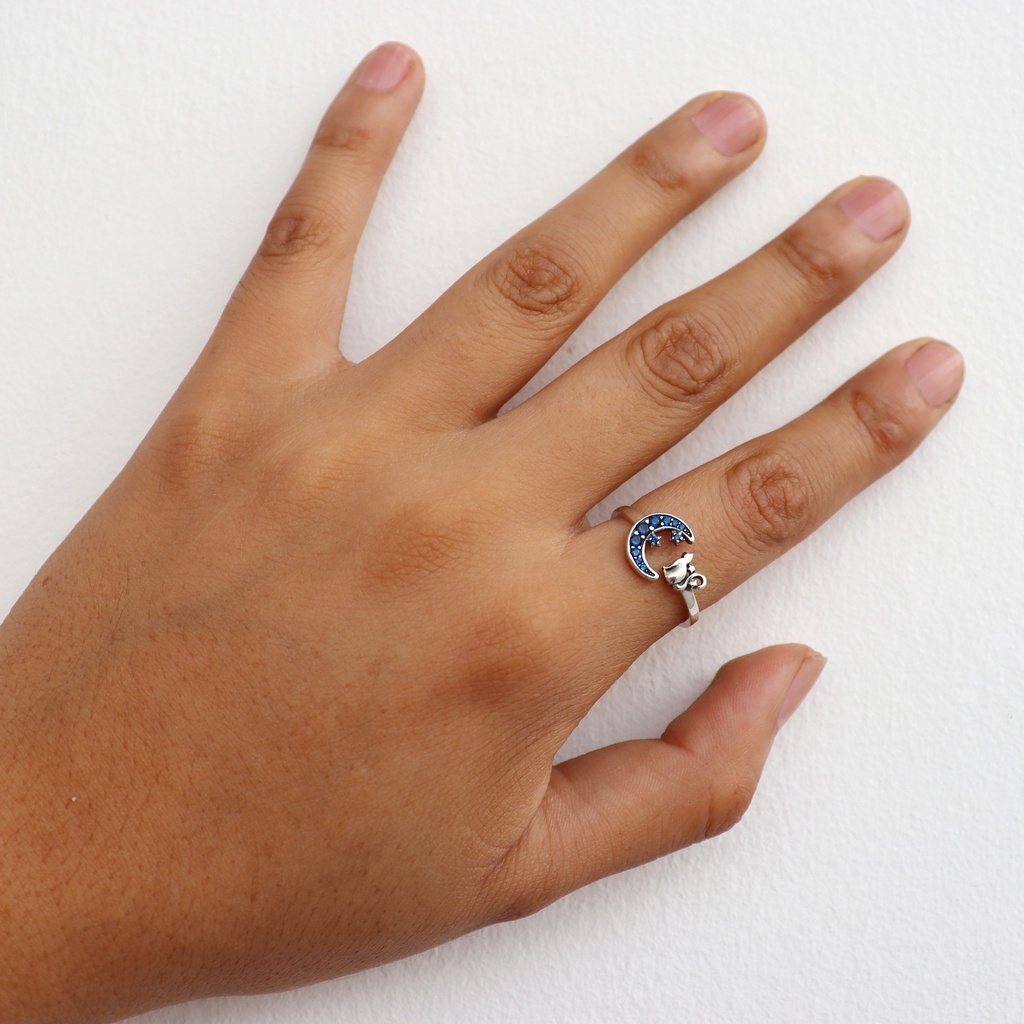 Anillo Luna Azul Felina (Plata 925)