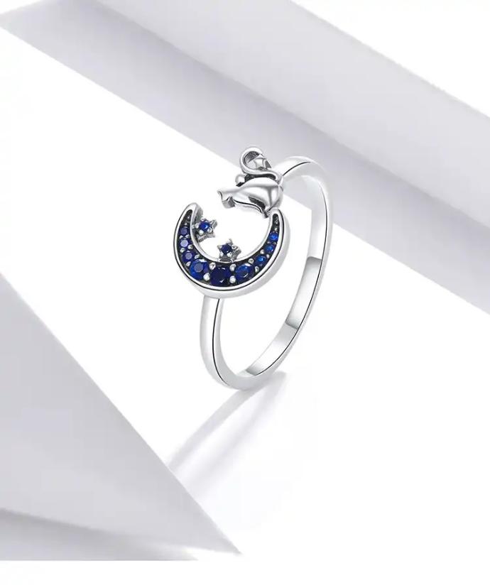 Anillo Luna Azul Felina (Plata 925)