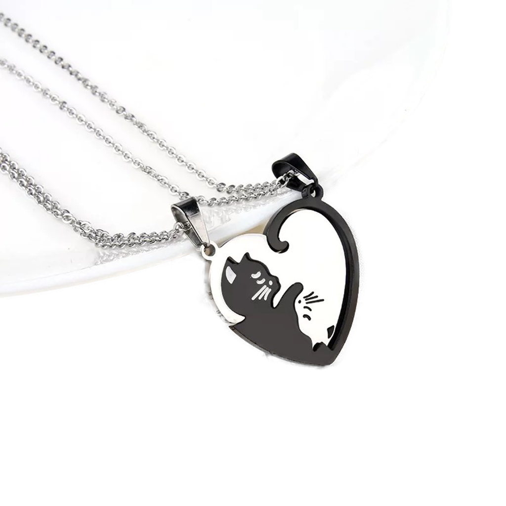 Collar Yin Yang Gato Corazón Negro (2 dijes y 2 cadenas) (Acero Inoxidable)