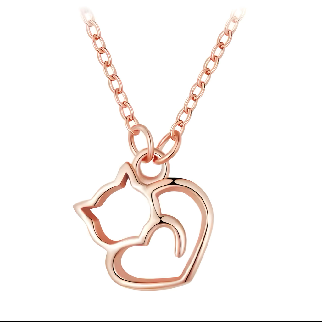 Collar plata gatito corazón durmiendo silueta oro rosa (Plata 925)