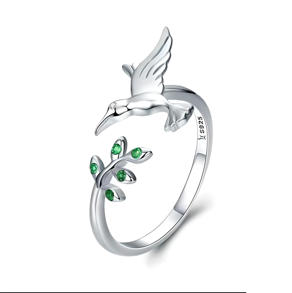 Anillo colibrí hojitas (Plata 925)